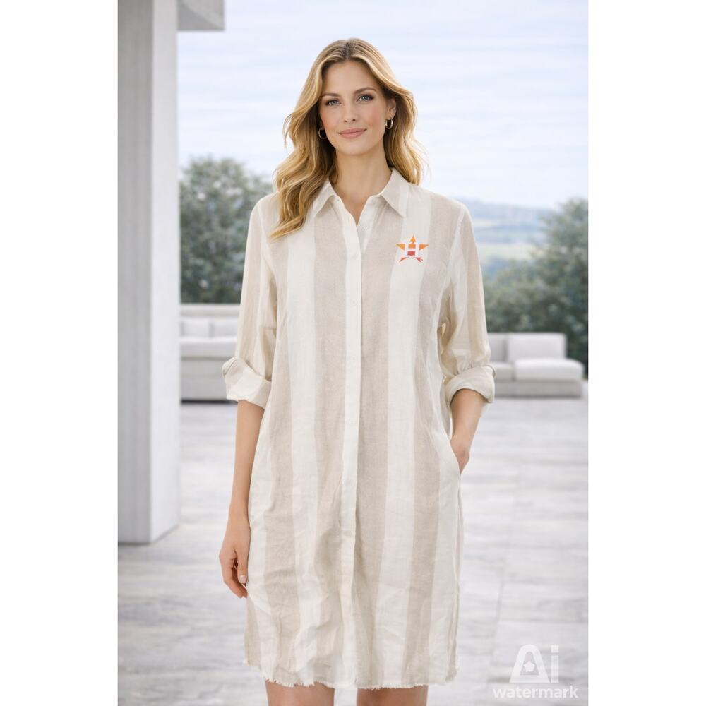 Tommy Bahama Houston Astros Linen Blend Shirt Dress XL MLB Embroidered Khaki